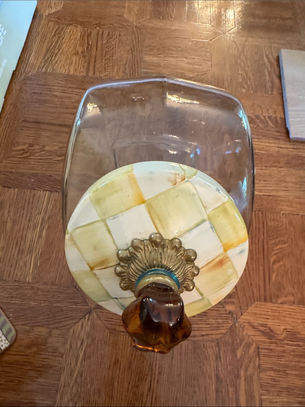 Mackenzie Childs Glass Jar with Checkerboard Ceramic Lid and Amber Finia.